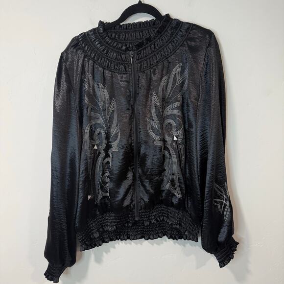 Ariat Women's Satin Bomber Jacket Embroidered Black Large Western Rodeo Festival - Picture 2 of 10